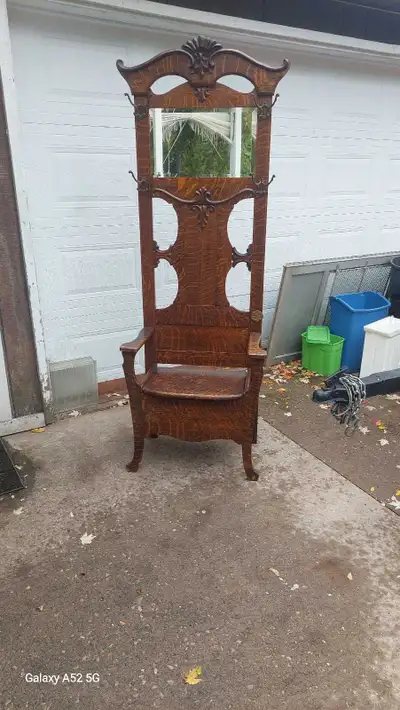 Golden Tiger Oak Hall Tree with mirror and storage under seat , View more