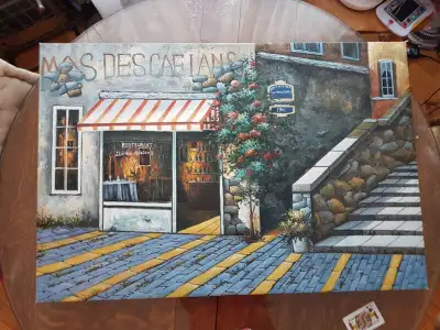A NICE OIL PAINTING ON CANVAS OF A FRENCH RESTAURANT. IT CAN BE A NICE DECORATIVE ITEM IN YOUR RESTA...