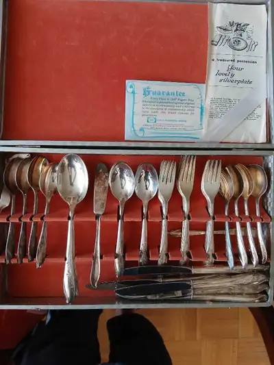 Vintage 1847 Rogers Bros. silver-plated flatware set in its original storage chest. Considering trad...