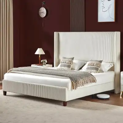 King size extra high headboard beige thick corduroy bed frame, View more