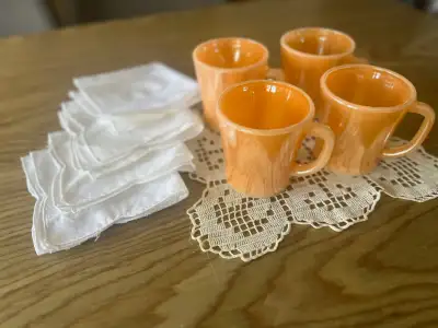 Set of 4 Vintage Fire King Mugs, Doily Mat, Tea Napkins, View more