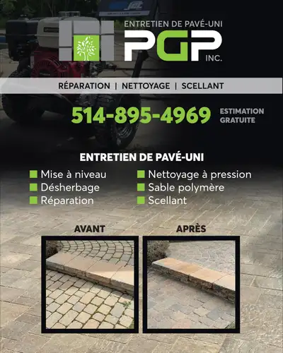 J'offre mes services d'entretien de pavé uni -Sable polymere -nettoyage à pression -réparation -redr...