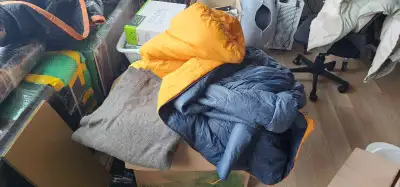 Assorted camping gear - tent, air mattress, sleeping bags, View more