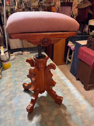 Antique Piano Stool- Needlepoints Top & Adjustable Height, View more