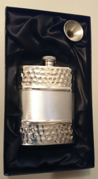 English Pewter Hammered Hip Flask with Funnel