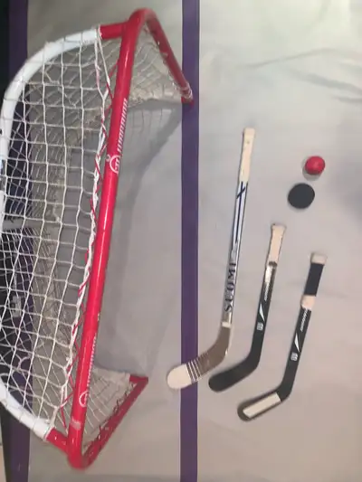 Mini hockey net, sticks, ball and puck , View more