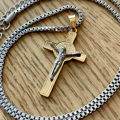 Saint Benedict two tone Crucifix stainless steel necklace, View more