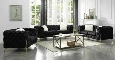 Black Tufted Sofa Set with Gold Legs – 3+2+1 Modern Luxury, View more