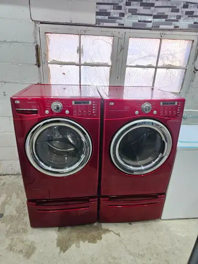 CHERRY RED LG 27" Front-Load Stackable Washer Dryer W/ Pedestals, View more