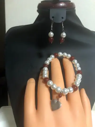 camelian heart charm bracelet and earrings , View more