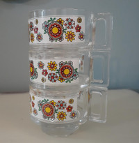 Trio of vintage 70s small glass stacking espresso punch mugs cup