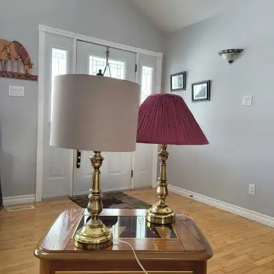 2 brass lamps, tri light, with your choice of shades burgundy, dusty rose, or taupe. 2 standing lamp...