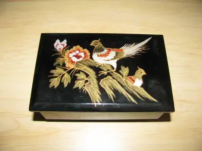 Japan Vintage Black Musical Jewelry Box Two birds on a branch Asian style motif. Mirror on inside li...