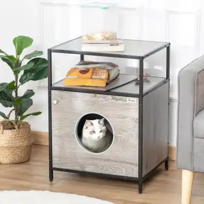19" x 15.75" x 25.75" Wooden Cat House, Grey Color , View more