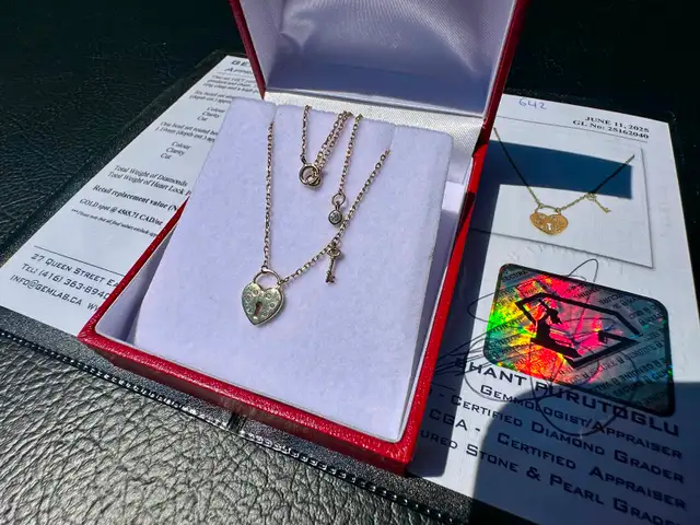 #642 14kt Yellow Gold Lock & Key Diamond Pendant Necklace 16-18” in Jewellery & Watches in St. Catharines - Image 8
