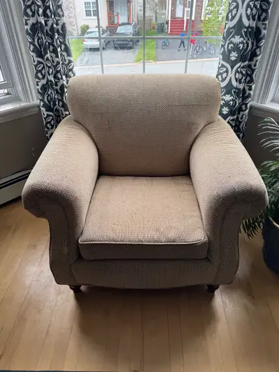 Beige Chair is great W 41’’ D 36’’ H 34’’ (back). Beige Couch is free if you want it due to the dama...
