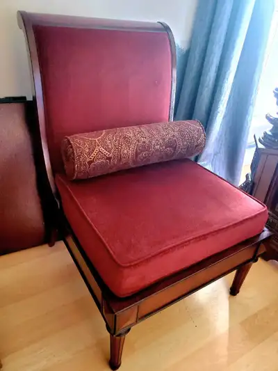 Solid wood, cherry burl finish on base of chair, sleigh back. Appolstered in wine colored chenille f...