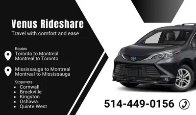 Professional Rideshare Service: Montreal to Toronto and Return Departure from Montreal to Toronto: *...