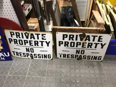 PARKER PICKERS - EACH one is $169. PRIVATE PROPERTY NO TRESPASSING. These 2 vintage signs are made o...