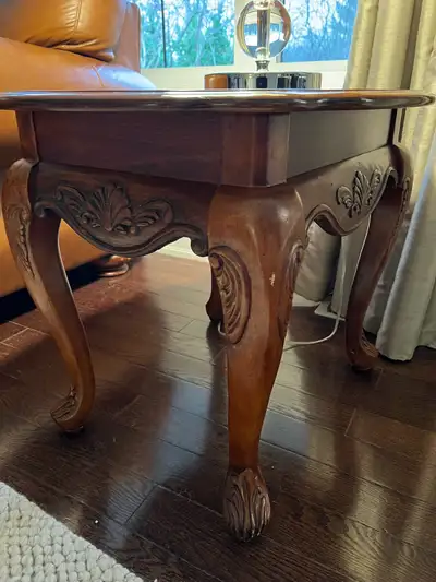 Solid wood coffee table and two end tables. In good condition. $80 for all three.