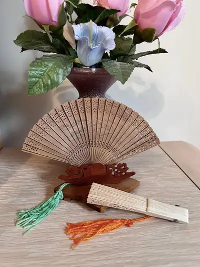 2 Mini Wood Fans with Display Stands - BRAND NEW, View more
