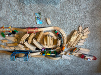 Large, assorted collection of train tracks and toys (inc Brio)