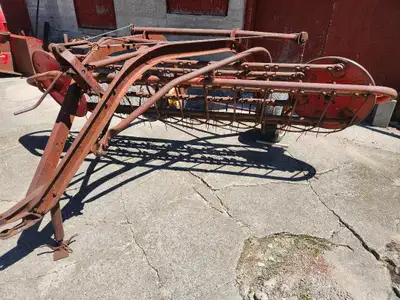 MF 5 bar side delivery rake (needs some new teeth) @ $600. Wagon rack (8' x 18') w/ undercarriage &...