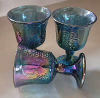 Vintage Indiana Carnival Glass Blue Stemmed Goblet Grapes