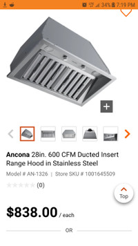 Ancona 28in. 600 CFM Ducted Insert Range Hood in Stainless Steel