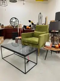 Green velvet armchair,  marble coffee table and small side table
