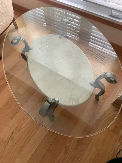 Cute oval glass coffee table with granite level & metallic legs, View more