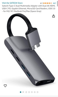 Satechi Type-C Dual Multimedia Adapter with Dual 4K HDMI, USB-C 