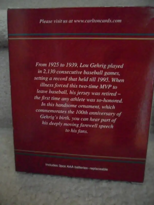 Lou Gehrig Carlton Ornament, 2003. $50. New condition. Sound wor63351296141315121