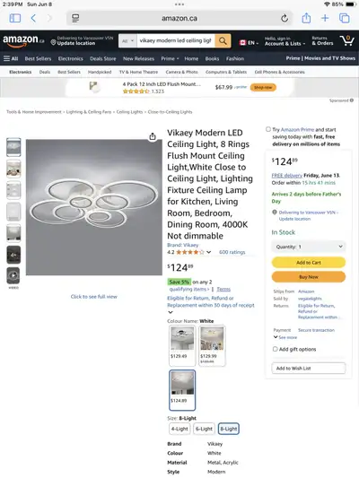 Vikaey Modern LED Ceiling Light 8 Rings Flush Mount White, View more