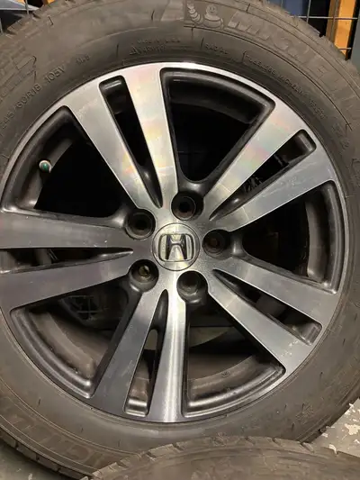 Set of 4 rims and all season tires Rims: 18” OEM Honda rims, 5x120 bolt pattern, with TPMS sensors T...