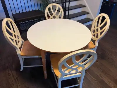 Real Wood table set 43” dia with 4 special chairs, View more
