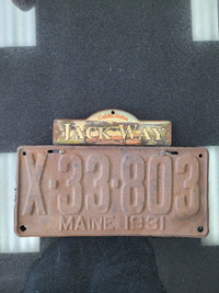 ANTIQUE 1931 LICENSE PLATE WITH TOPPER JACK WAY CALAIS, MAINE