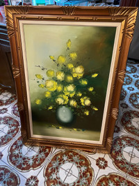 Original Oil Painting of yellow roses, large, nice wood frame