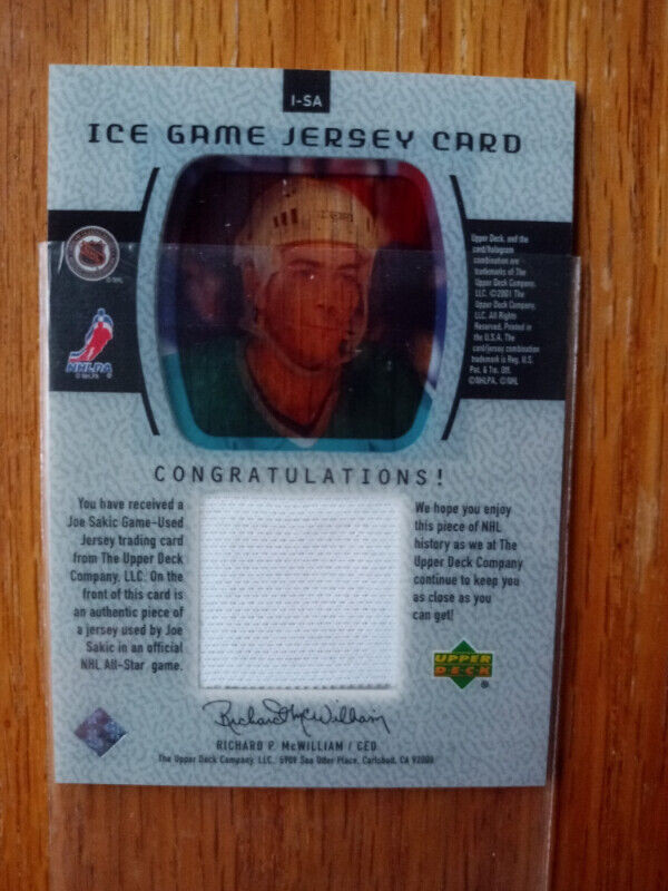 2000-01 Upper Deck Ice Game Jersey Joe Sakic #I-SA HOF in Arts & Collectibles in St. Catharines - Image 3