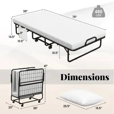 Twin Size Rollaway Guest Folding Bed with Mattress Sturdy Heavy, View more