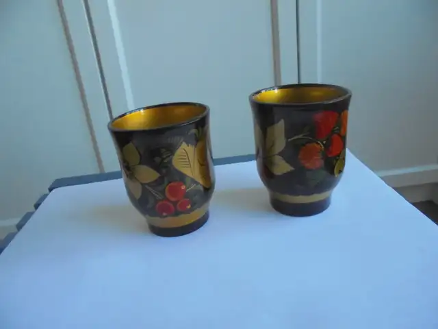 Russian Khokhloma 2 cups/saucers & 2 goblets wooden housewares63006661363841121