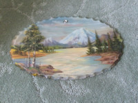 Vintage Antique GLASS REVERSED PAINTING MOUNTAIN LAKE  signed