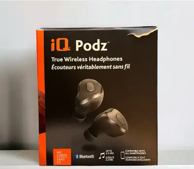 New iQ Podz05 True Wireless Headphones still in the box. No cords. Connects via Bluetooth and is com...