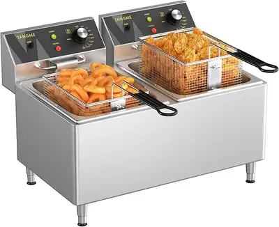 Twin 1750‑watt heating elements heat oil quickly and recover temperature fast. Two tanks hold a tota...