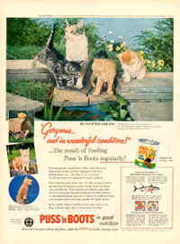 1957 full page color ad for Puss ‘n Boots Cat Food