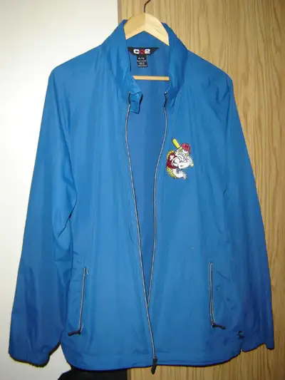 1. Winnipeg Goldeyes CX2 light jacket. 100 % polyester. Blue. XL. Zipper front closure. Hood in coll...