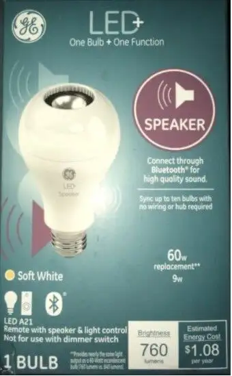 GE :: LED+ Bluetooth speaker bulb 700 lumens, 9W (replaces 65W incandescent) Includes remote control...