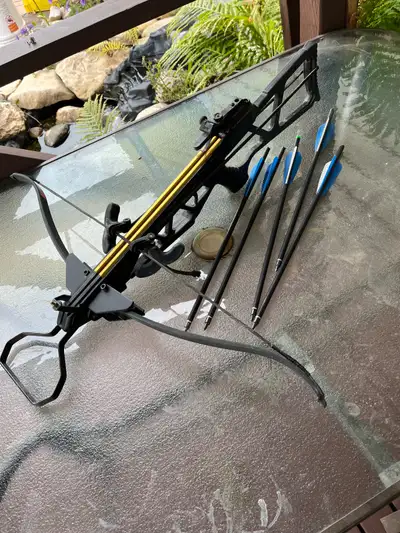 Cross bow and arrows, View more