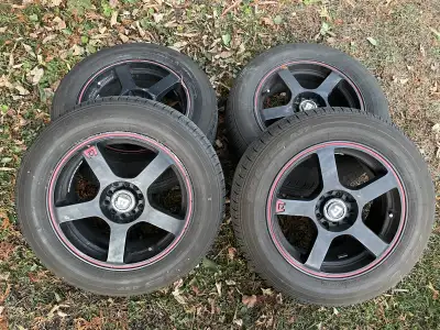 Montegi Rims and Toyo Proxies. Used summer on a 2012 Mazda 3. Centerbore 67.1mm Bolt pattern 5x114.3...