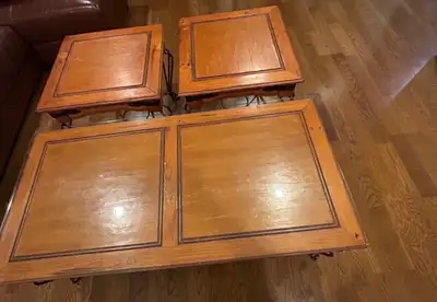 Three piece wooden coffee and end table set, View more